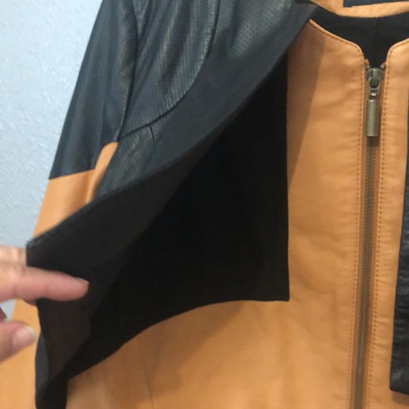 asos REAL Leather jacket Women's 12 camel brown black zip front crop coat EUC - Picture 11 of 16